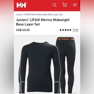 BNWT Helly Hansen Juniors' LIFA® Merino Midweight Base Layer Two Pieces Set